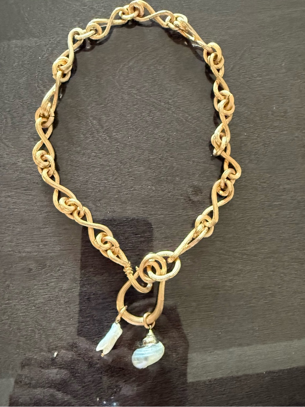 Gold-Tone Knot Link Necklace with Irregular Pearl Drops